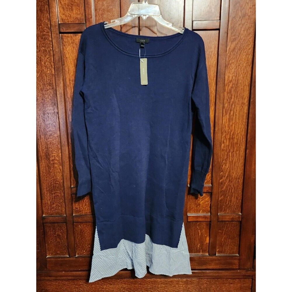 NWT J. Crew Knit Dress With Stripe Shirt Hem, Navy, Size XS